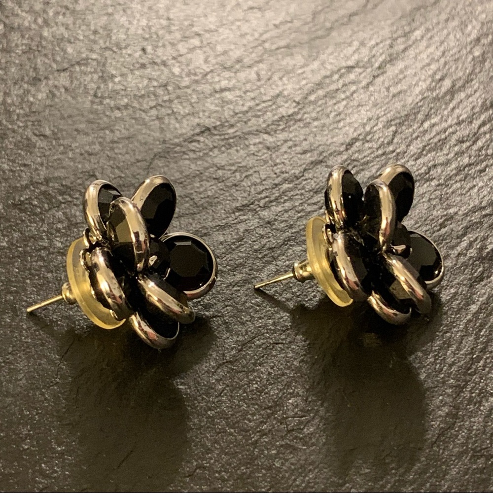 Black Beaded Rose Flower Stud Earrings with Silver Tone Trim - Picture 4 of 9